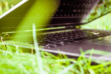 laptop is lying on the grass, photo close-up