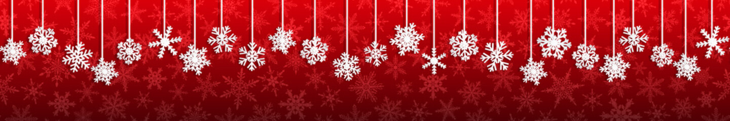 Naklejka na ściany i meble Christmas seamless banner with white hanging snowflakes with shadows on red background