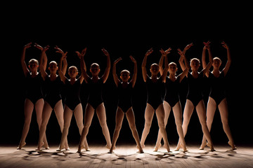 A choreographed dance of a group of graceful pretty young ballerinas practicing on stage in a...