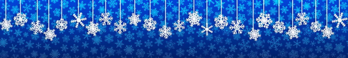 Obraz na płótnie Canvas Christmas seamless banner with white hanging snowflakes with shadows on blue background