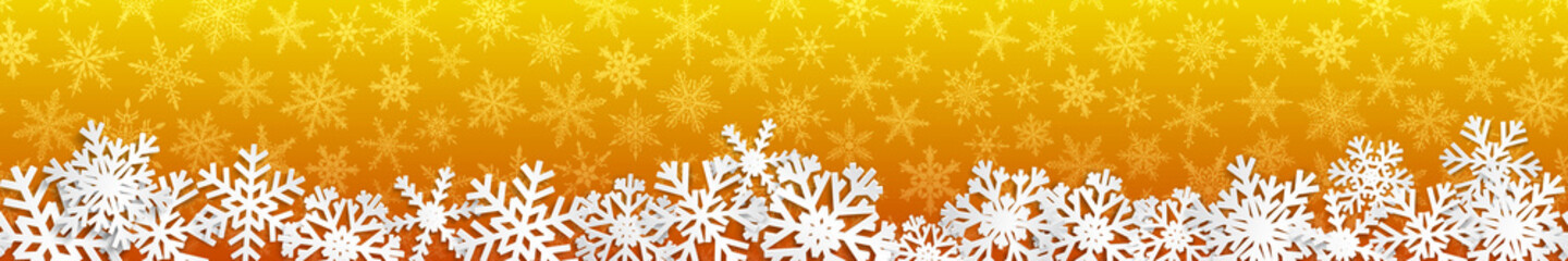 Fototapeta na wymiar Christmas seamless banner with white snowflakes with shadows on yellow background