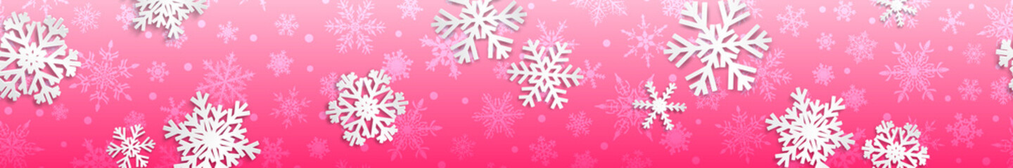 Christmas seamless banner with white snowflakes with shadows on pink background