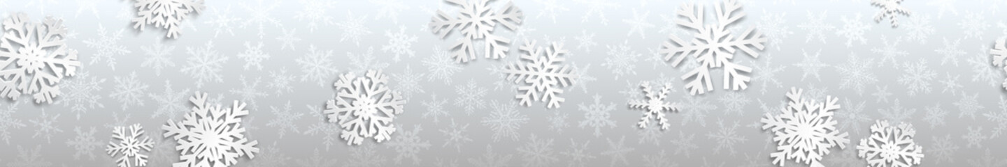 Fototapeta na wymiar Christmas seamless banner with white snowflakes with shadows on gray background