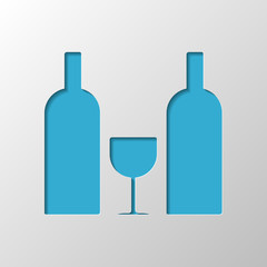 glass and bottles icon. Paper design. Cutted symbol with shadow
