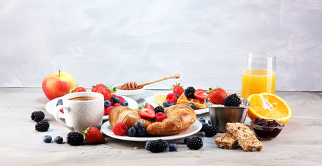 breakfast on table with waffles, croissants, coffe and juice. - 218231371