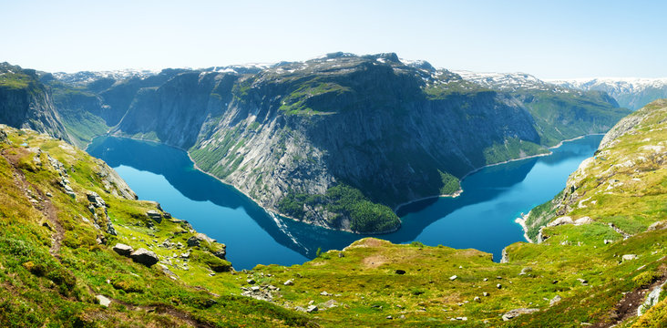 Panorama of Ringedalsvatnet lake near Trolltunga rock - most spectacular and famous scenic cliff in Norway