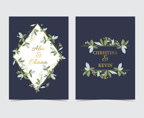 Geometry gold wedding invitation card with flower,leaf,wreath and frame on navy background