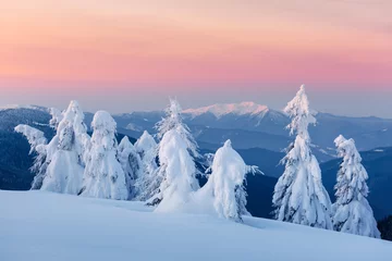 Foto op Aluminium Fantastic orange winter landscape in snowy mountains glowing by sunlight. Dramatic wintry scene with snowy trees. Christmas holiday concept. Carpathians mountain, Ukraine, Europe © Ivan Kmit