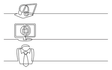 Fototapeta na wymiar banner design - continuous line drawing of business icons: headphones with laptop computer, display with world map, business tie