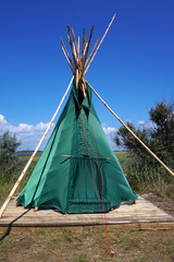 Indian wigwam lodge or teepee between trees and plants. vertical. travel concept.
