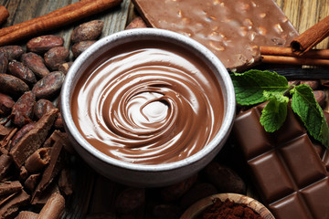 Melting chocolate  or melted chocolate with a chocolate swirl. Many stack and chips with powder.