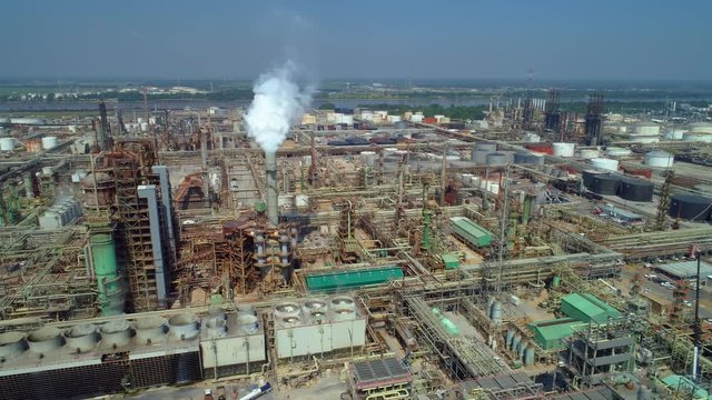 Aerial drone hyperlapse oil refinery processing plant