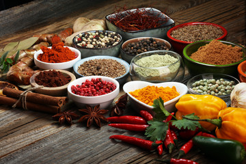 Spices and herbs on table. Food and cuisine ingredients.