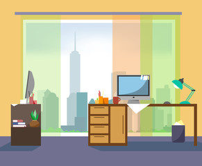 Workplace in the office with a view of skyscrapers from a high floor in flat design. Business environment in comfortable conditions.