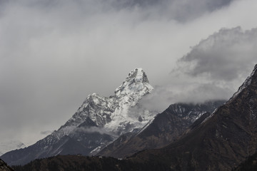View of a famous mountain Ama Dablam in the Himalaya, Khumbu Region near Mount Everest.