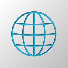 Simple globe icon. Linear, thin outline. Paper design. Cutted sy
