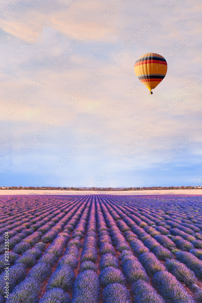 Sticker travel destination, beautiful dream inspirational landscape with hot air balloon flying above lavend - Stickers