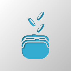 Purse and falling coins. Paper design. Cutted symbol with shadow