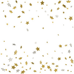 Abstract pattern of random falling gold stars on white background. Glitter template for banner, greeting card, Christmas and New Year card, invitation, postcard, paper packaging. Vector illustration.