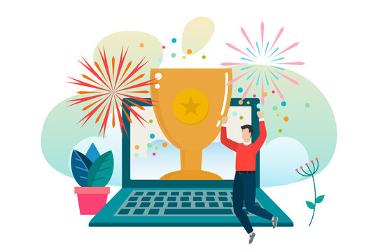 Successful man celebrating success. Man wins a prize. Award in the online contest from laptop. Vector