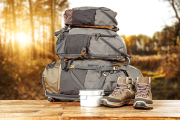 Fototapeta premium backpack and autumn trip time 