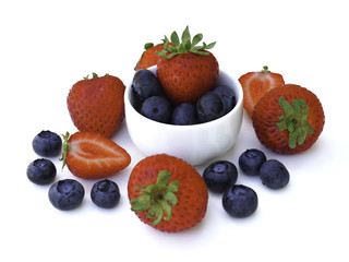Fresh and sweet strawberry and blueberry on white background, healthy fruit and diet.