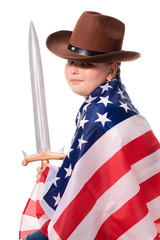 Little strong girl in cowboy hat with american flag and sword. Isolation on white