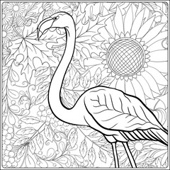 Flamingo in fantasy flower garden. Outline hand drawing. Good for coloring page for the adult coloring book. Stock vector illustration.