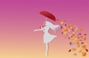 woman stand in Autumn leaves, Banner premium pink