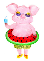 Nice and funny pig. Watercolor illustration.
Funny pig in shorts and with an inflatable circle at the waist. Illustration for printing on children's jackets, mugs and bottles for drinks.
