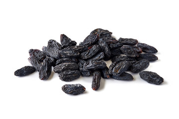 Heap of black raisins isolated on white background.