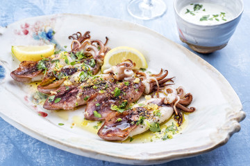 Traditional barbecue Greek calamari with herb and lemon as top view on a plate