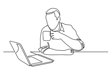 continuous line drawing of sitting man watching laptop computer drinking coffee