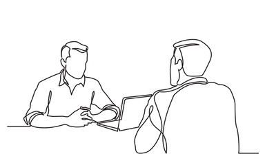 continuous line drawing of job interview between two men