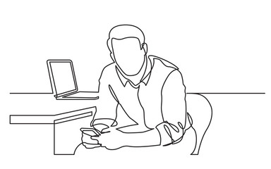 continuous line drawing of man sitting reading his mobile phone