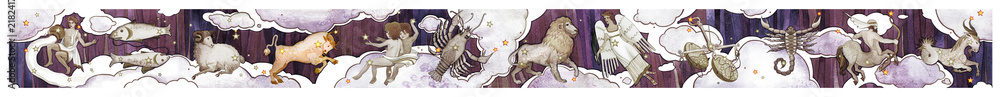 Wall mural set of twelve signs of the zodiac with main taurus, watercolor in retro style in line design. isolat