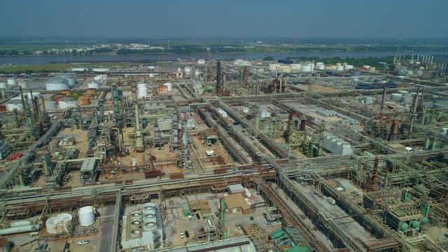 Oil fuel refinery aerial drone footage