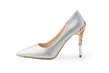 Luxury high heels isolated on white background. Clipping path for design or artwork..Silver high heels.