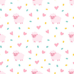 Vector seamless pattern of cartoon pink sheep with dots and hear