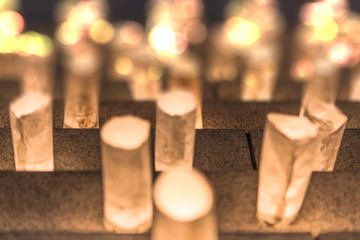 Handmade paper lanterns illuminating the steps of the Zojoji temple near the Tokyo Tower during Tanabata Day on July 7th.
