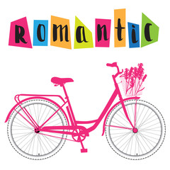 Pink bicycle with lettering, romantic bike with flowers, - 218244349