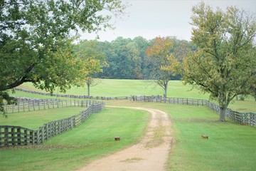 The pathway along with the wooden fence, green grass field and the nice trees made beautiful view, Autumn in VA USA.