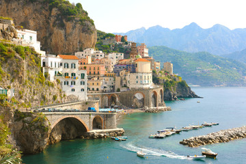 Stunning view of Atrani village overhanging the sea, Amalfi Coast, Italy