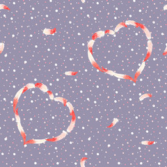 Seamless pattern, background. with pink flamingo feathers on a soft ultra violet and dots background. Stock vector illustration.