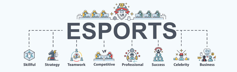 Esports banner web icon for business game and futuristic, Strategy, teamwork, professional, competitive, and success. Minimal vector infographic.