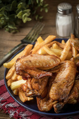Baked chicken wings with french fries.