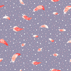 Seamless pattern, background. with pink flamingo feathers on a soft ultra violet and dots background. Stock vector illustration.