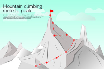Route to the top, concept business success. Vector illustration mountain climbing route to peak. Path, route, achievement of goals, career growth, ascent, route to the top of mountain, success