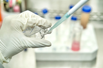 The woman changing the a new growth medium for culture medium into the flask for maintain cell line...