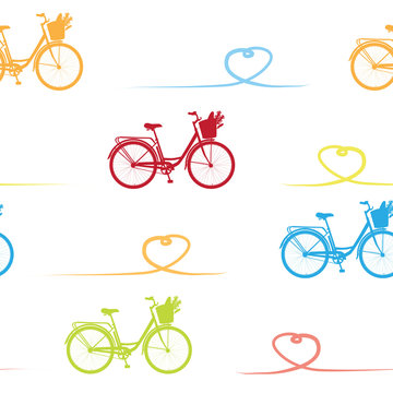 Pattern with realistic bicycle, seamless pattern with romantic bike in red, yellow, blue and green. Bike for breakfast pattern on white background.